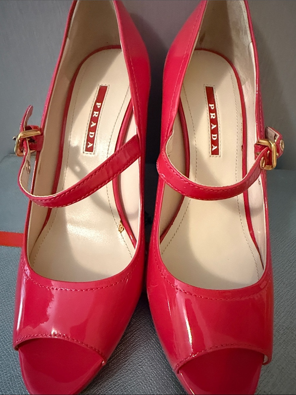 Prada Red Patent Mary Jane Peep-Toe Heels with Gold Buckle